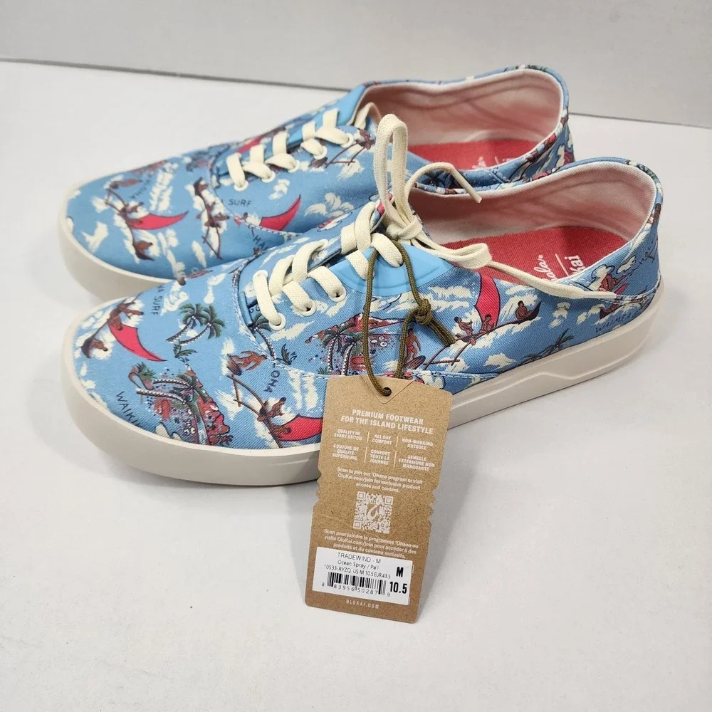 Olukai Tradewind Men's 10.5 Casual Shoes Aloha Hawaiian Pattern Ocean Spray NWT
